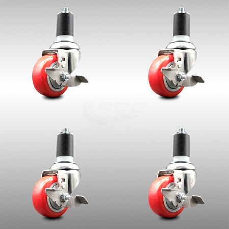 Service Caster 3 Inch 316SS Red Poly Swivel 1-5/8 Inch Expanding Stem Caster Set Brake SCC SCC-SS316EX20S314-PPUB-RED-TLB-158-4